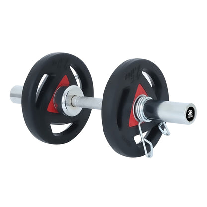 KAKSS Rubber Coated Metal Integrated Tri-Grip Olympic Weight Plates 50mm Center Hole Diameter With Olympic Dumbbell (Multicolor)