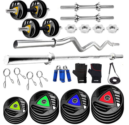 KAKSS Home Gym Combo Metal Rubber Weight Plates (30mm Hole) 5ft Straight Rod/3ft Curl Rod/Dumbbell Rod II Fitness Equipment's with Accessories (10KG Home Gym Set)