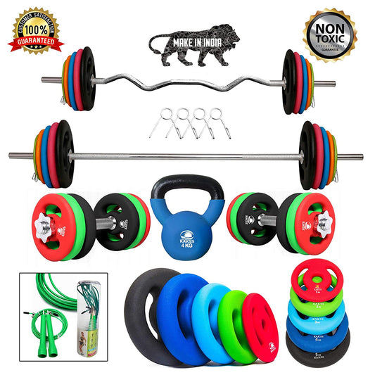 Kakss Best Home Gym Training (10 Kg to 200 Kg) Home Gym Set with Exclusive Neoprene Coated Weight Plates with 3 ft Curl (25MM) + 5 ft Plain Rod (25MM) (Proudly Made in India)